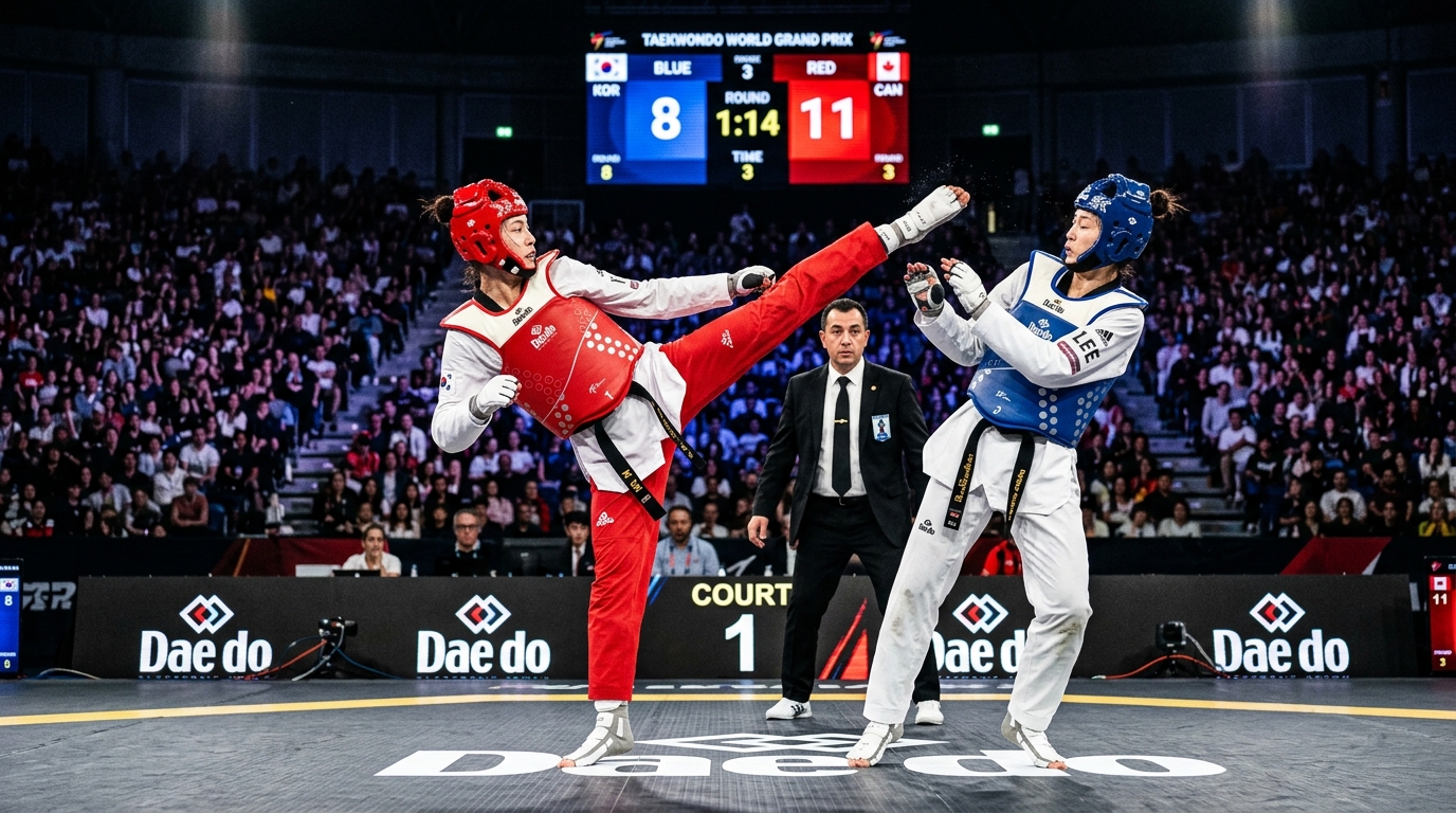 International competitive sport arena featuring electronic scoring technology